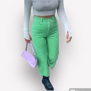 🍿🐠New Shekou Green & White Checkered Wide-Leg Hi Rise Jeans - Bold and Trendy